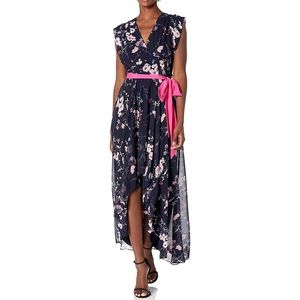 Eliza J Cherry Blossom High/Low Floral Faux Wrap Maxi Dress size 16